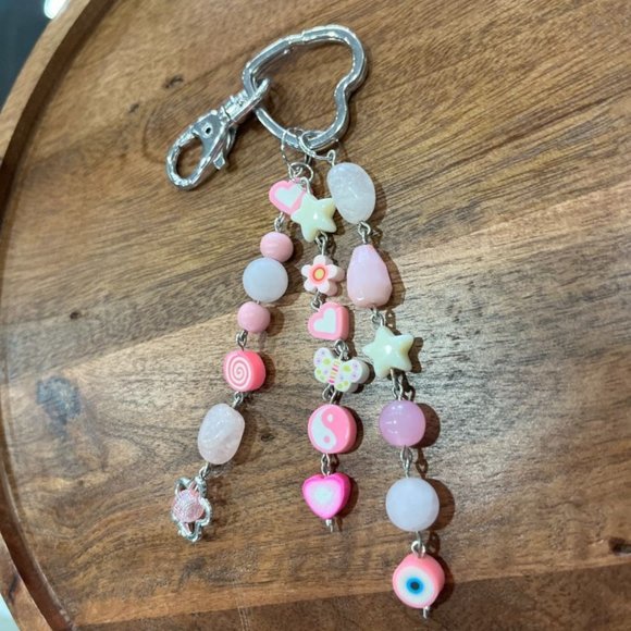 Rose Quartz + Chunky Pink Beaded Dangle Bag Charm/Keychain - Picture 1 of 4